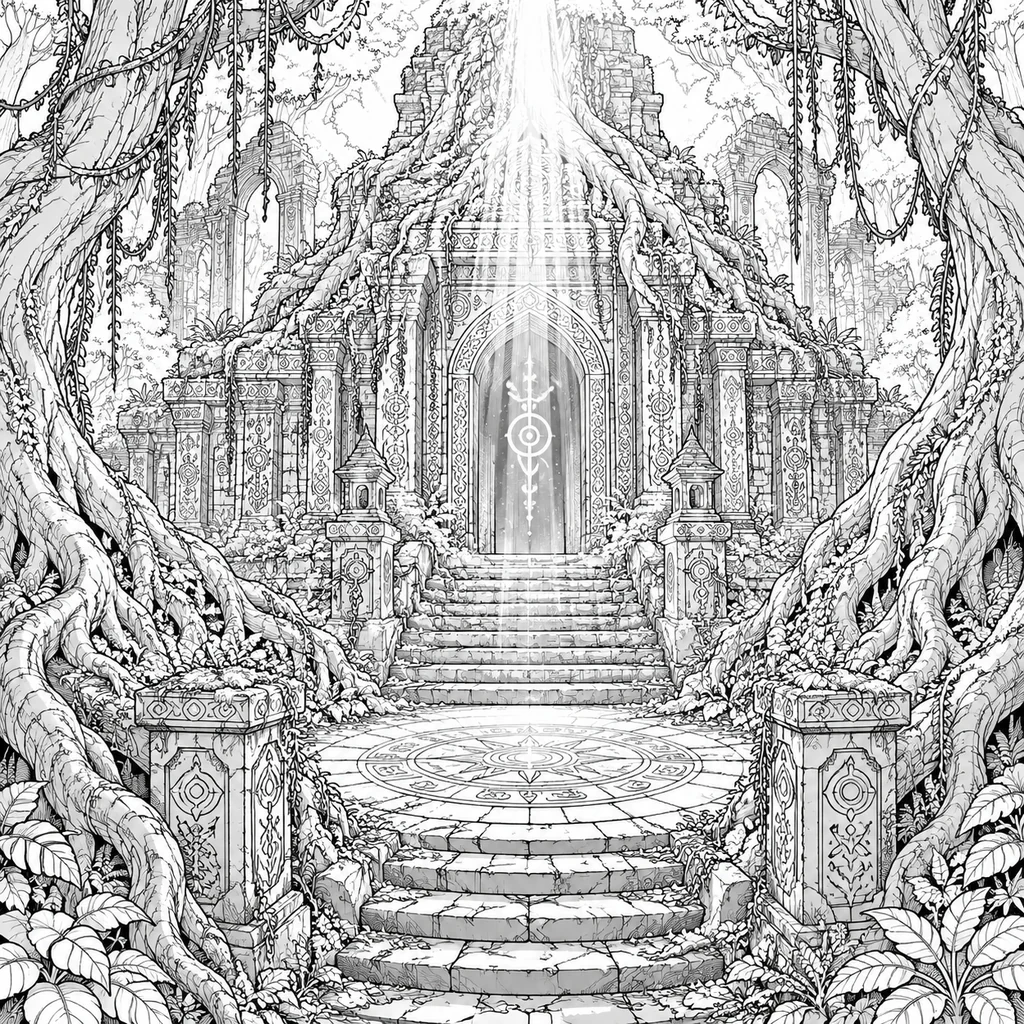 Forest temple line art prompt cover