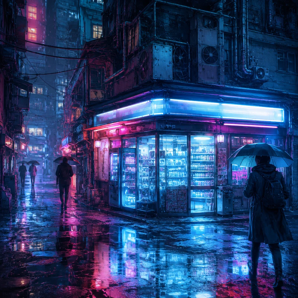 Cyber rain alley convenience store prompt cover